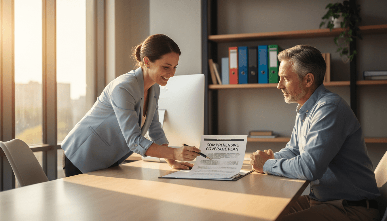Insurance agent discussing policy details with client at office desk