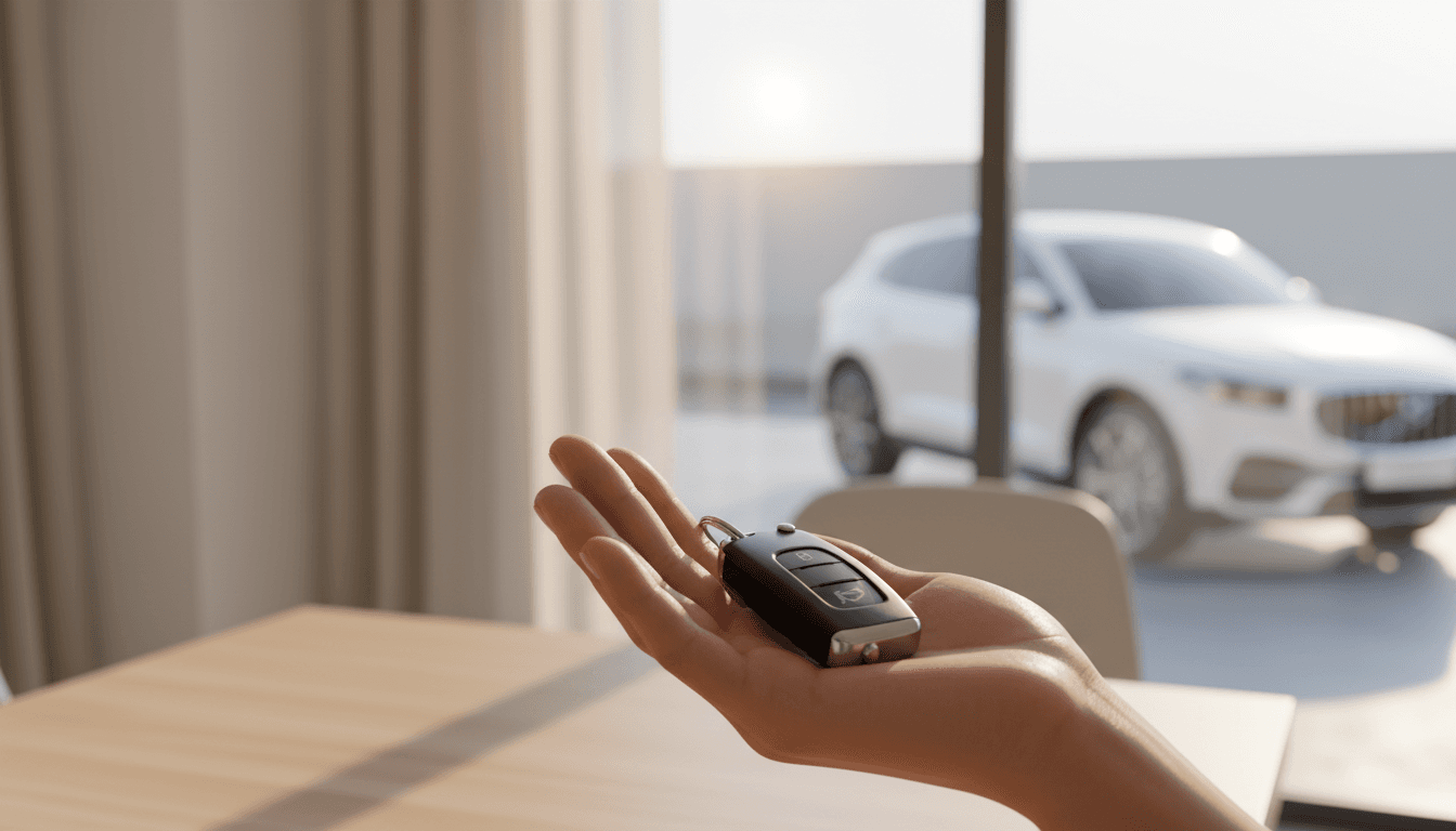 Car keys in hand with vehicle in background