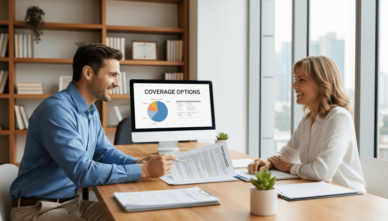 Insurance agent discussing coverage options with customer at desk