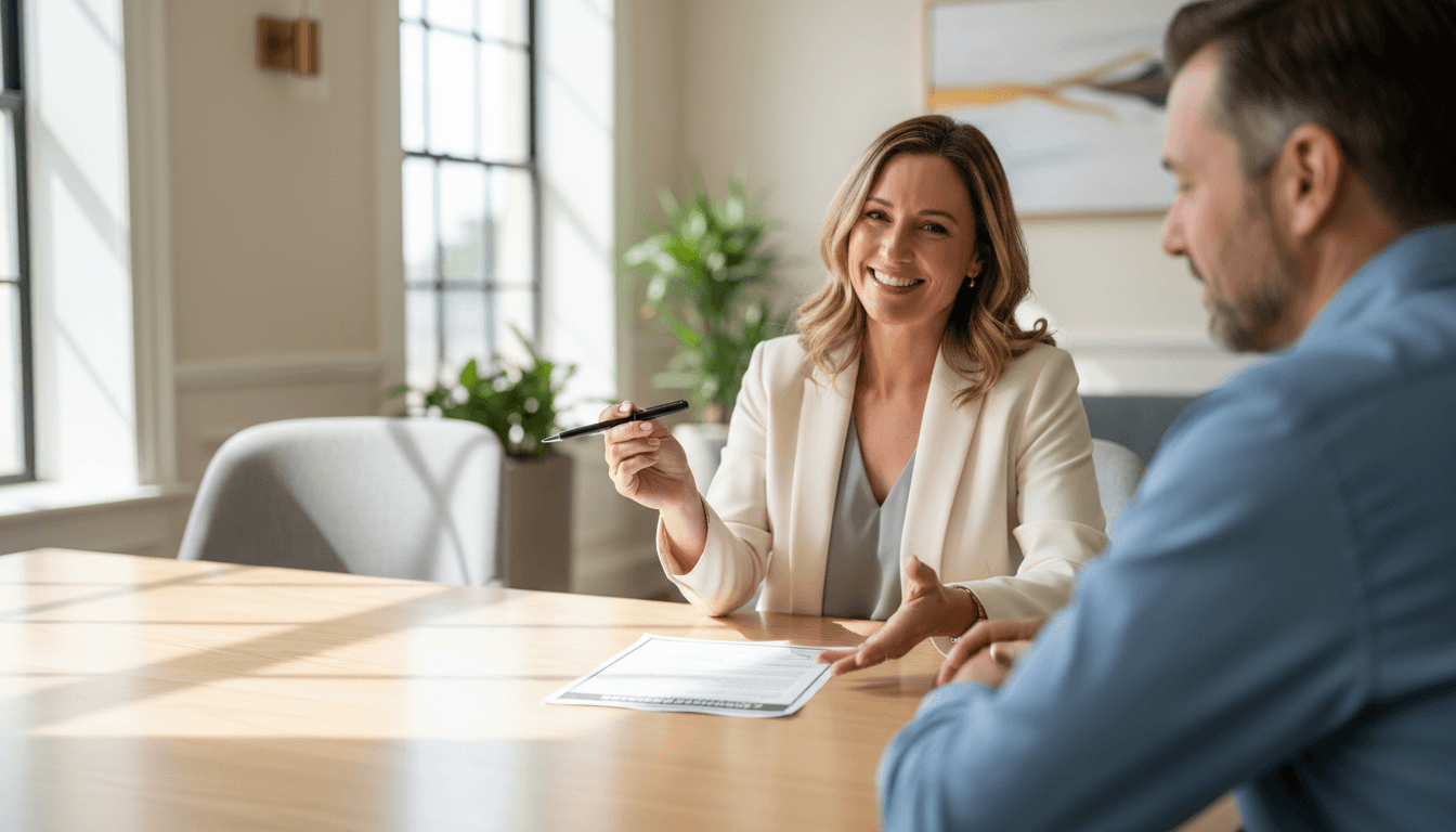 Insurance agent reviewing coverage options with a client at a professional desk