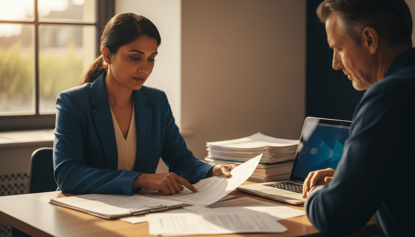 Insurance agent reviewing policy documents with client