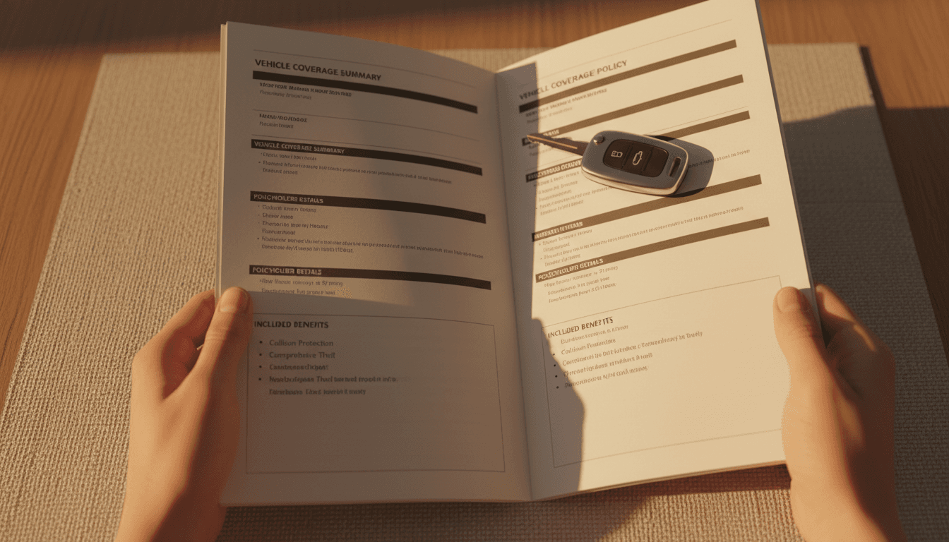 Vehicle insurance policy document with car key symbolizing comprehensive auto coverage