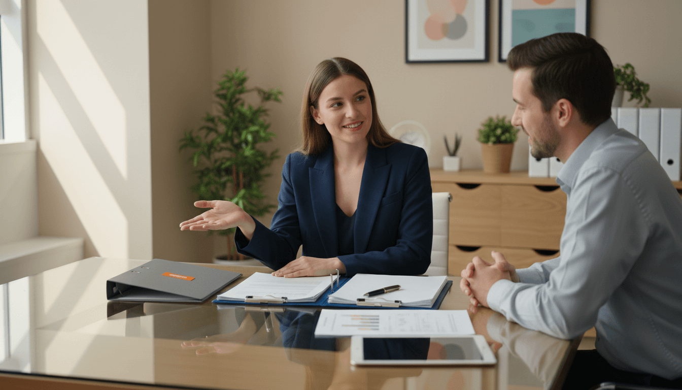 Insurance agent discussing coverage options with a client in a professional office setting